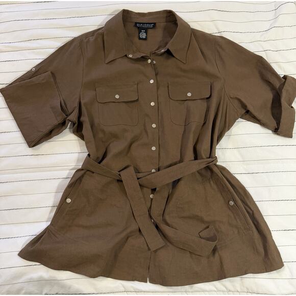 Dialogue | Women’s Brown Collared Linen Button Up Shirt Tunic Belt - Size 18W - Picture 9 of 10
